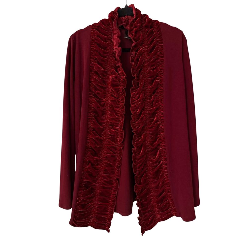 Étoile Burgundy Ruffle Front Open Cardigan Long Sleeve Draped Boho